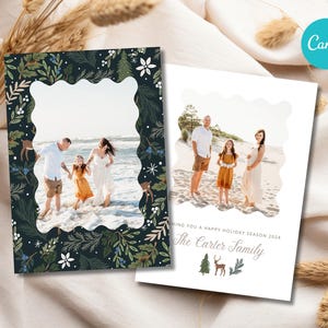 Tarjeta fotográfica navideña en descarga digital, elegante tarjeta fotográfica minimalista, paisaje invernal, imprimible a doble cara para CANVA