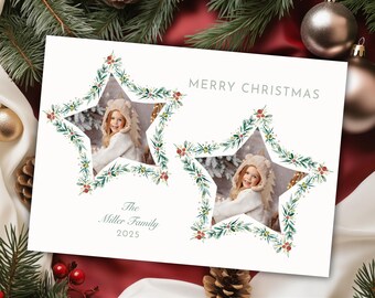 Christmas Card of 2 Photos on Front Editable Star Shape, Christmas Card 2025 Horizontal 5x7 Watercolor Stars Merry Little, Digital Download