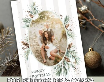 May include: Christmas card featuring a family portrait within an oval frame, surrounded by watercolor pine branches and pinecones. The card has a striped background and the text "MERRY CHRISTMAS" and "FOR PHOTOSHOP & CANVA".