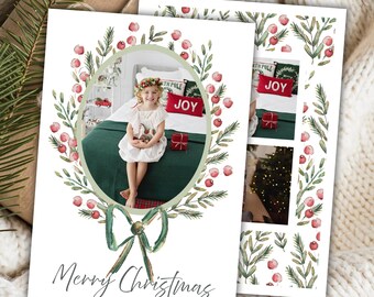Christmas Wreath Photo Card Template Photoshop - Editable Bow Design - Digital Download PSD File