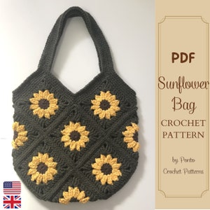 Crochet Bag Pattern, US and UK English Terms Pattern, Crochet Sunflower Purse Pattern, Sunflower Beach Bag, Tote Bag Pattern, Sunflower Bag