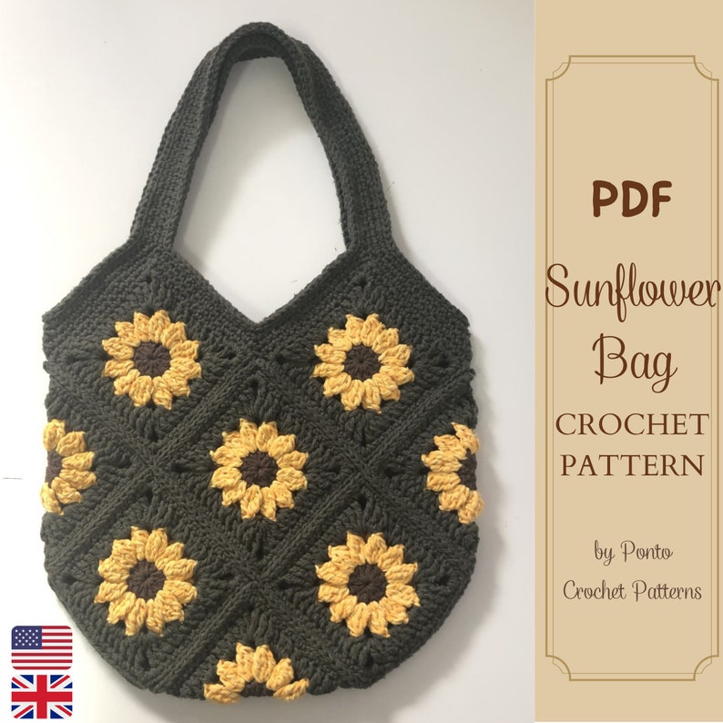 Crochet Bag Pattern, US and UK English Terms Pattern, Crochet Sunflower Purse Pattern, Sunflower Beach Bag, Tote Bag Pattern, Sunflower Bag image 1