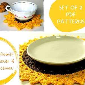 Bundle 2 PDF Crochet Patterns, Set of 2 Placemat and Coaster Sunflower Pattern, Sunflower Placemats, Sunflower Coaster, Dinning Table