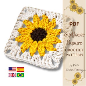 Może przedstawiać: Wzór na szydełku na kwadrat z słonecznikiem. Wzór jest napisany w języku angielskim, hiszpańskim, portugalskim i portugalskim brazylijskim. Wzór zawiera zdjęcie gotowego kwadratu.