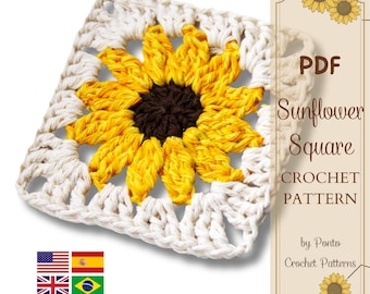 Passo a Passo Quadrado de Crochê Girassol, Receita de Crochê em Português, Padrão em PDF, Girassol de Crochê, Square Girassol, Square PT