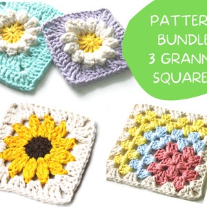 Bundle 3 PDF Crochet Patterns, Set of 3 Granny Square Patterns, Sunflower Square, Daisy Square, Granny Square, Square for Blankets, Motifs