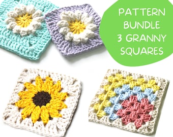 Bundle 3 PDF Crochet Patterns, Set of 3 Granny Square Patterns, Sunflower Square, Daisy Square, Granny Square, Square for Blankets, Motifs