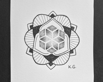 Sacred geometry mandala, black ink drawing A6