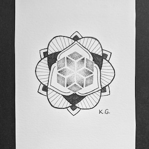 Sacred geometry mandala, black ink drawing A6