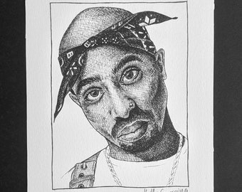 Tupac Shakur, black ink drawing A5