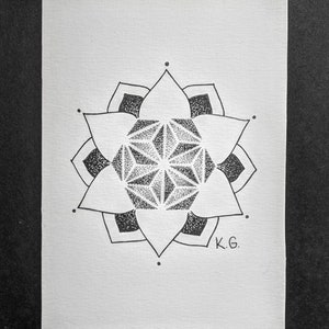 Sacred geometry mandala, black ink drawing A6