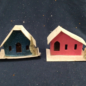 Lovely Pair of Vintage Mid-Century Cardboard Christmas Putz Houses, Made in Japan, Vintage Christmas