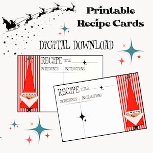 May include: Printable recipe cards featuring a red and white striped Santa Claus design. The cards have spaces for the recipe title, ingredients, and instructions.  Digital download.