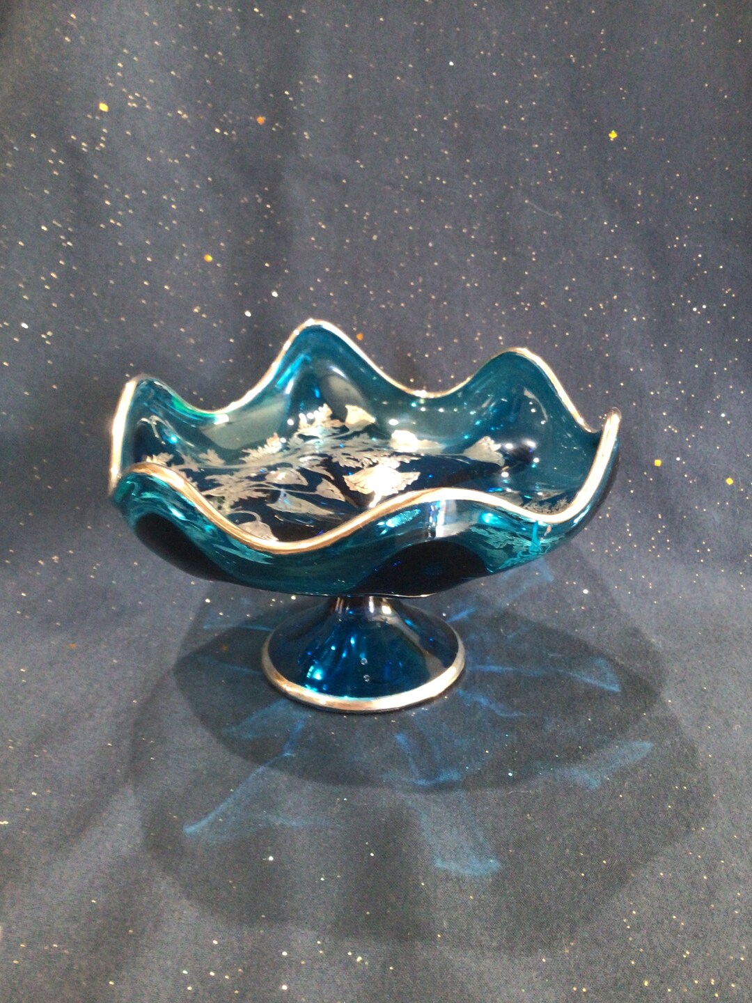 Viking Art Glassteal Blue Pedestal Candy Dish With Silver Etsy