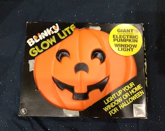 Vintage Halloween Blinky Glow Lite Giant Pumpkin Window Blow Mold
