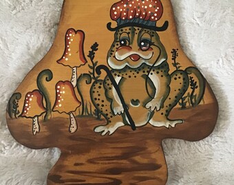 Vintage Wooden Mushroom wall hanging with hand painted toad and mushrooms