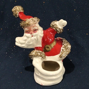 Vintage Mid-Century Kitschy Ceramic Santa Gold Spaghetti Trimmed Christmas Planter, Made in Japan, Vintage Christmas