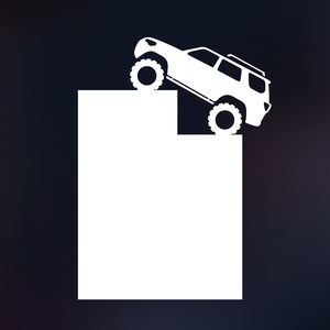 May include: A white silhouette of a car driving up a white ramp. The car has a roof rack and large tires. The ramp is a simple rectangular shape.