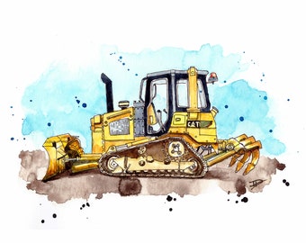 Bulldozer // Digger // JCB // Gift for kids // Original Loose Watercolour Illustration