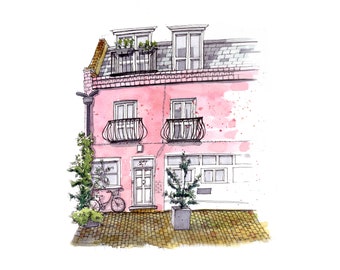 Pink London Town House // British Architecture // Original Watercolour Illustration // Loose Watercolor Style