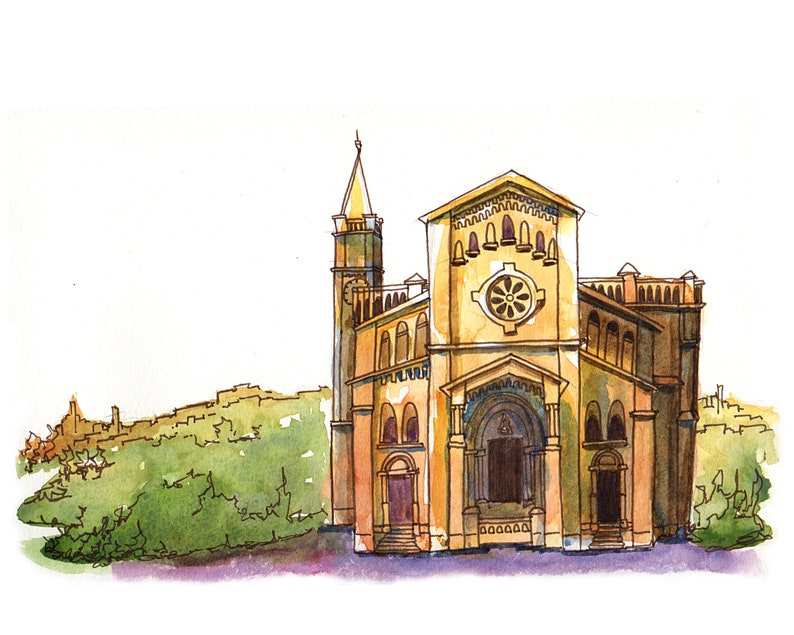 Church Gozo Malta Europe Travel Ink & Watercolour Illustration Print image 1
