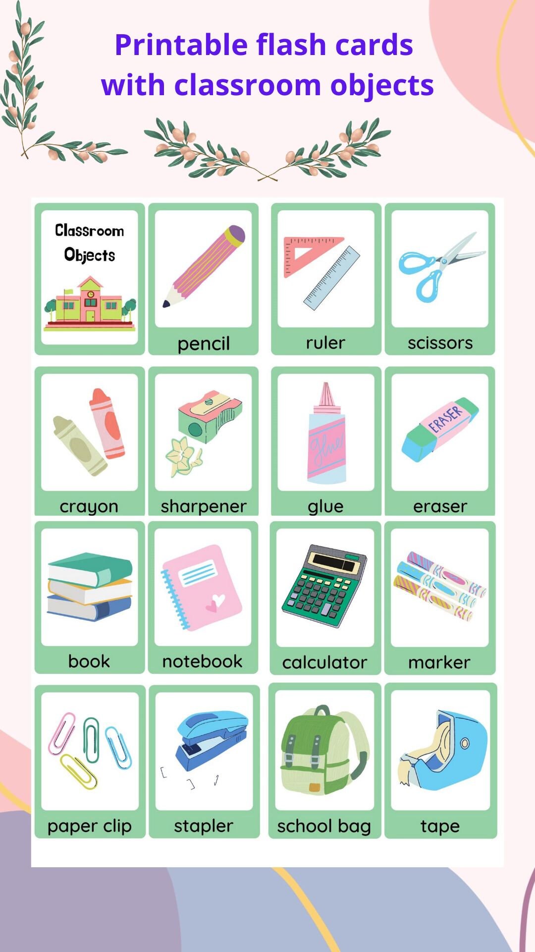 Printable Flashcards With Classroom Objects. School Themed Cards ...