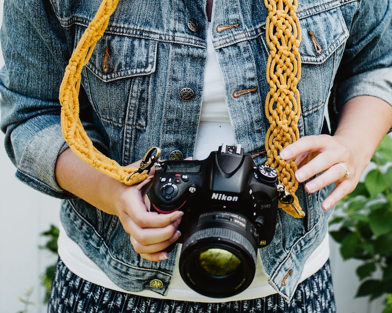 MACRAME CAMERA STRAP honey yellow mustard boho photography strap for creatives gift for photographer