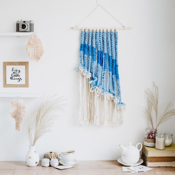 blue macrame wall hanging, cheerful decoration for home, children room, tapestry wall decor, gift for kids, nursery room