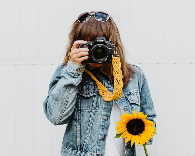 MACRAME CAMERA STRAP honey yellow mustard boho photography strap for creatives gift for photographer