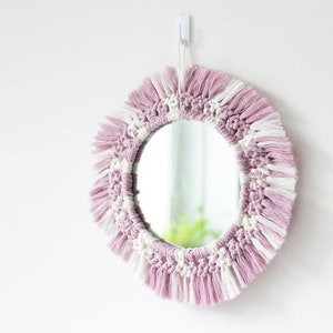 miroir mural en macramé, blanc, rose, décoration de style boho, cadeau pour la maison, intérieur boho