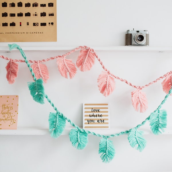 SET OF 2 mint pink macrame feather garlands, wall hangings, cheerful decoration for kids room, tapestry, gift for child, nursery room