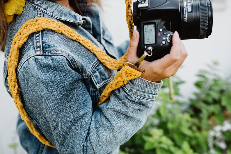 MACRAME CAMERA STRAP honey yellow mustard boho photography strap for creatives gift for photographer