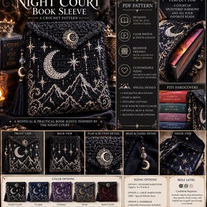 Puede incluir: Una funda de libro de ganchillo negra con bordados de luna creciente, estrellas y montañas. La solapa incluye un botón de luna, una borla lateral con dije de luna y texto que detalla un patrón PDF para varios tamaños de libros.