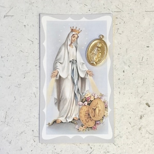 Carte de prière Notre-Dame de la Médaille miraculeuse avec médaille / Notre-Dame de la Grâce / Dévotion mariale / Sainte Mère / Cadeau chrétien / Priant