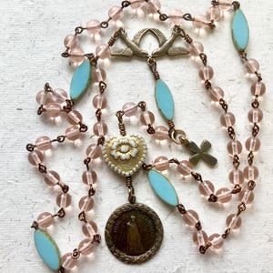 Handmade Our Lady of Deliverance Rosary: Bronze Swallow Medal, Czech Glass