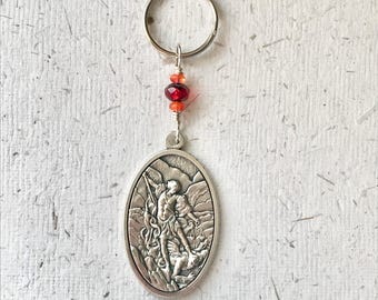 Saint Michael the Archangel and Guardian Angel Bag Charm/Keyring: Religious Medal, Spiritual Protection, Red
