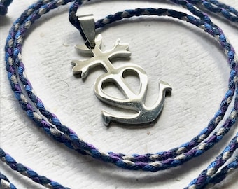 Mary Magdalene Camargue Cross Necklace, Blue Cord, Faith Hope Love Symbol, Stainless Steel