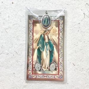 Carte de prière Notre-Dame de la Médaille miraculeuse avec médaille illustrée / Notre-Dame de la Grâce / Rue du Bac / Fille de la Charité Sainte-Catherine Laboure