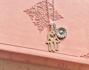 Maudlin Flower and Hand of Miriam Sterling Silver Necklace. Mary Magdalene, Medieval Herbalist, Tafust, Khomsa.