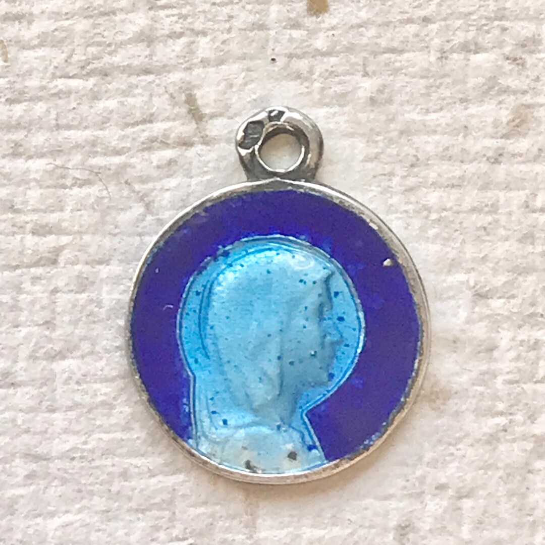 Our Lady of Lourdes Blue Enamel Vintage Religious Medal / Silver Notre ...