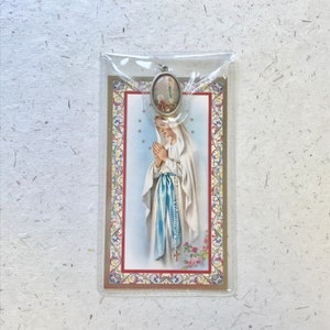 Our Lady of Lourdes Prayer Card with Medal / Marian Devotion / Virgin Mary / Holy Mother / Prayerful / Holy Shrine / Ave Maria / Notre Dame