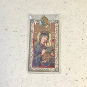 Carte de prière Notre-Dame du Perpétuel Secours avec médaille illustrée / Vierge Marie / Dévotion mariale / Icône iconique / Priant / Chrétien / Mère bien-aimée