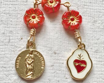Mary Magdalene Sacred Heart Chaplet: Red Czech Glass Beads, Gold Plated Medal, Gnostic Prayer Beads