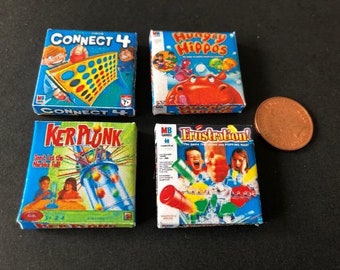 4 Miniature Toy/games boxes.  connect 4, hungry hippos, Frustration & KerPlunk. 1:12