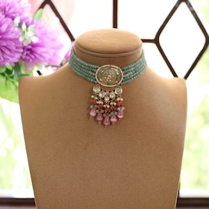 Blue kundan Polki Choker, Indian Jewelry, Indian Necklace, Indian Choker, Indian Wedding Necklace Set, Kundan Choker/ Kundan Jewelry.
