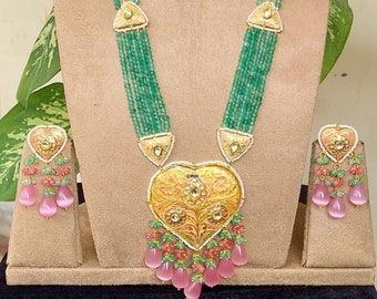 Kundan Polki Necklace: Pink & Green Indian Jewelry with Earrings
