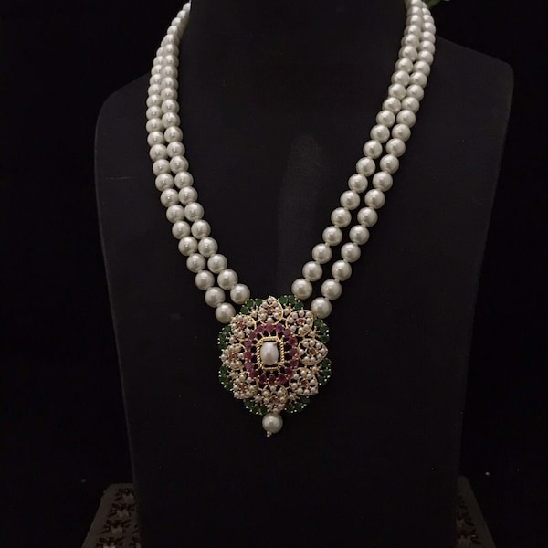 Long Real Pearl Necklace with Cz Stone pendant• Indian Long Necklace Set • Rani Haar •Victorian Necklace• Sabyasachi inspired Pearl Necklace