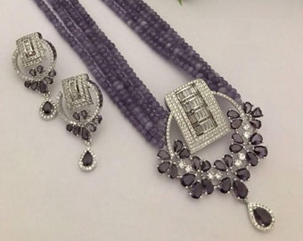 Purple Beaded Victorian Necklace & Earrings: Indian Jewelry Set