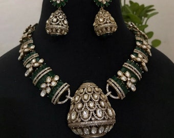 Collar de piedras Cz tradicionales chapado en oro de alta calidad inspirado en Sabyasachi, collar con pendientes, Hasli chapado en oro, joyería Rajwada.