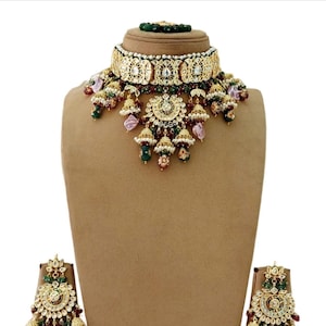 Red and Green Kundan Polki Gold plated Kundan Polki Necklace with Maang Tika• Indian Long Necklace Set • Rani Haar •Victorian Necklace•